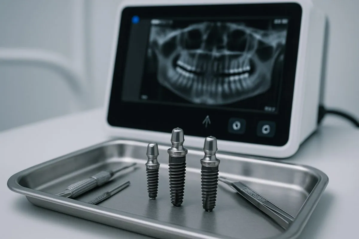 A close-up photo of dental implant screws and tools on a sterile tray, next to a set of high-tech dental imaging equipment. No text on image.