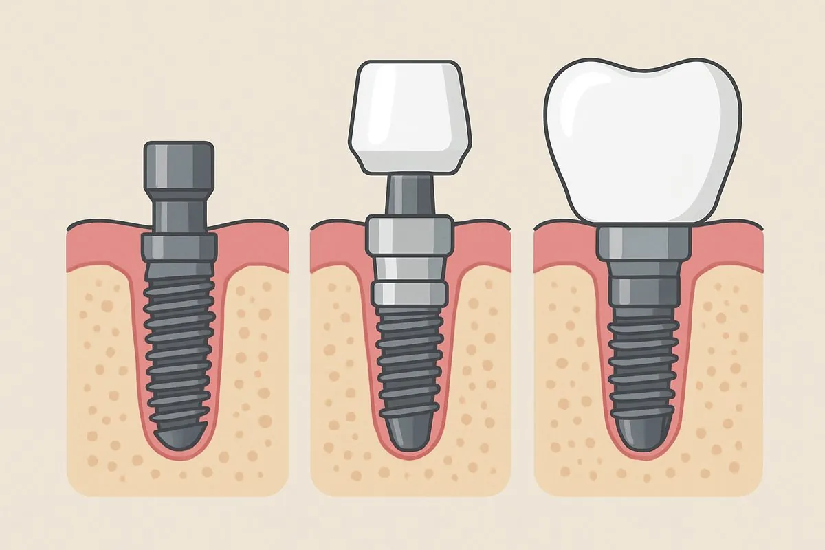 A step-by-step diagram of how a tooth implant works, showing the placement of the implant post, abutment, and final crown, with labels indicating each stage of the process. No text on the image.