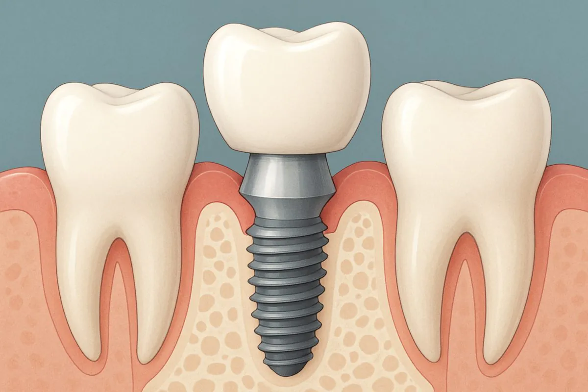 Close up animated image depicting the implant definition. The image highlights and labels the three main parts of a dental implant: the implant post, the abutment, and the crown. No text on the image.