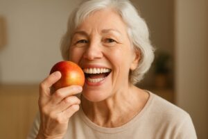 Image of a smiling senior woman confidently eating an apple, showcasing the functionality of her dental implants. No text on image.