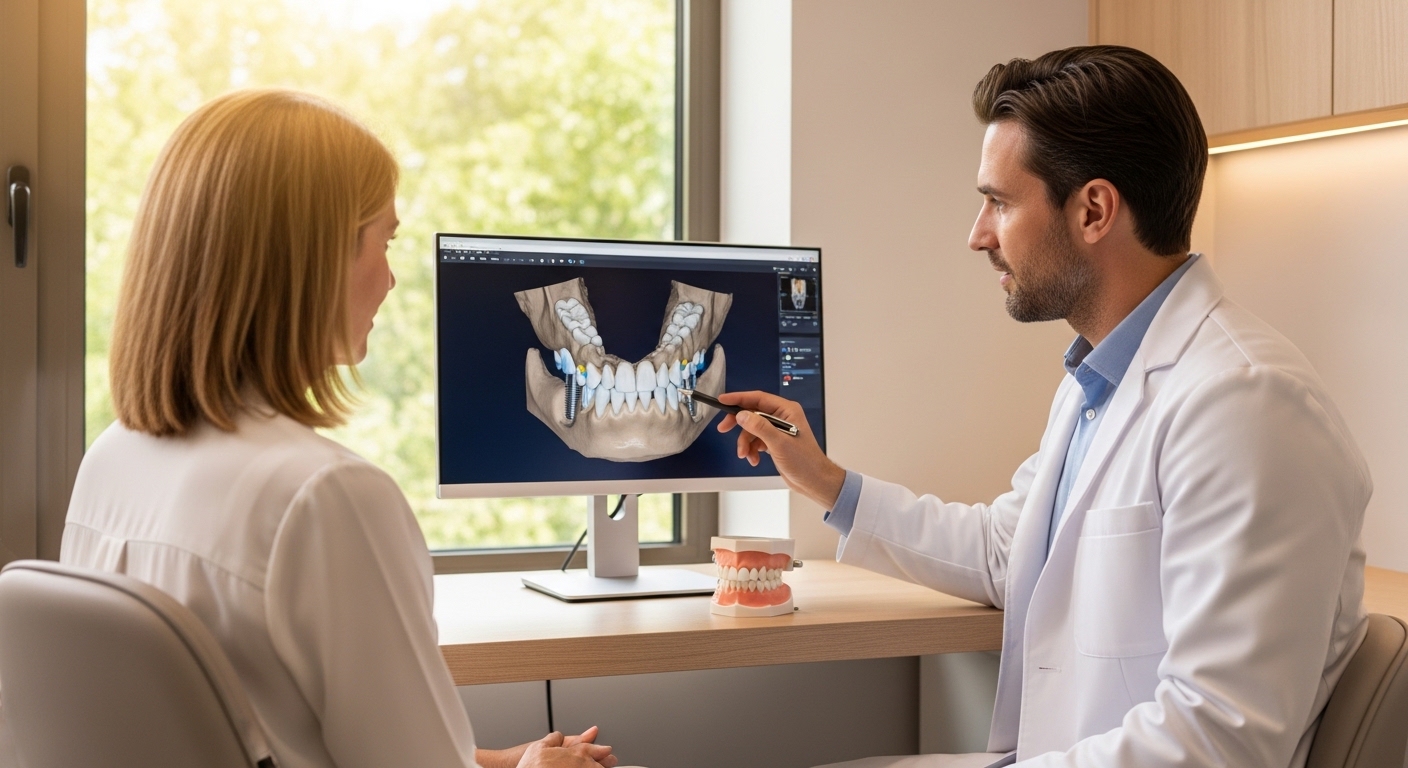 Dentist consulting patient on dental implants in modern clinic