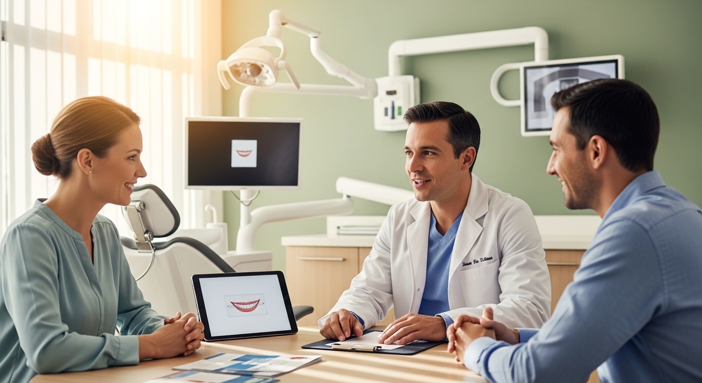 Dentist consulting with a family in a modern dental office.